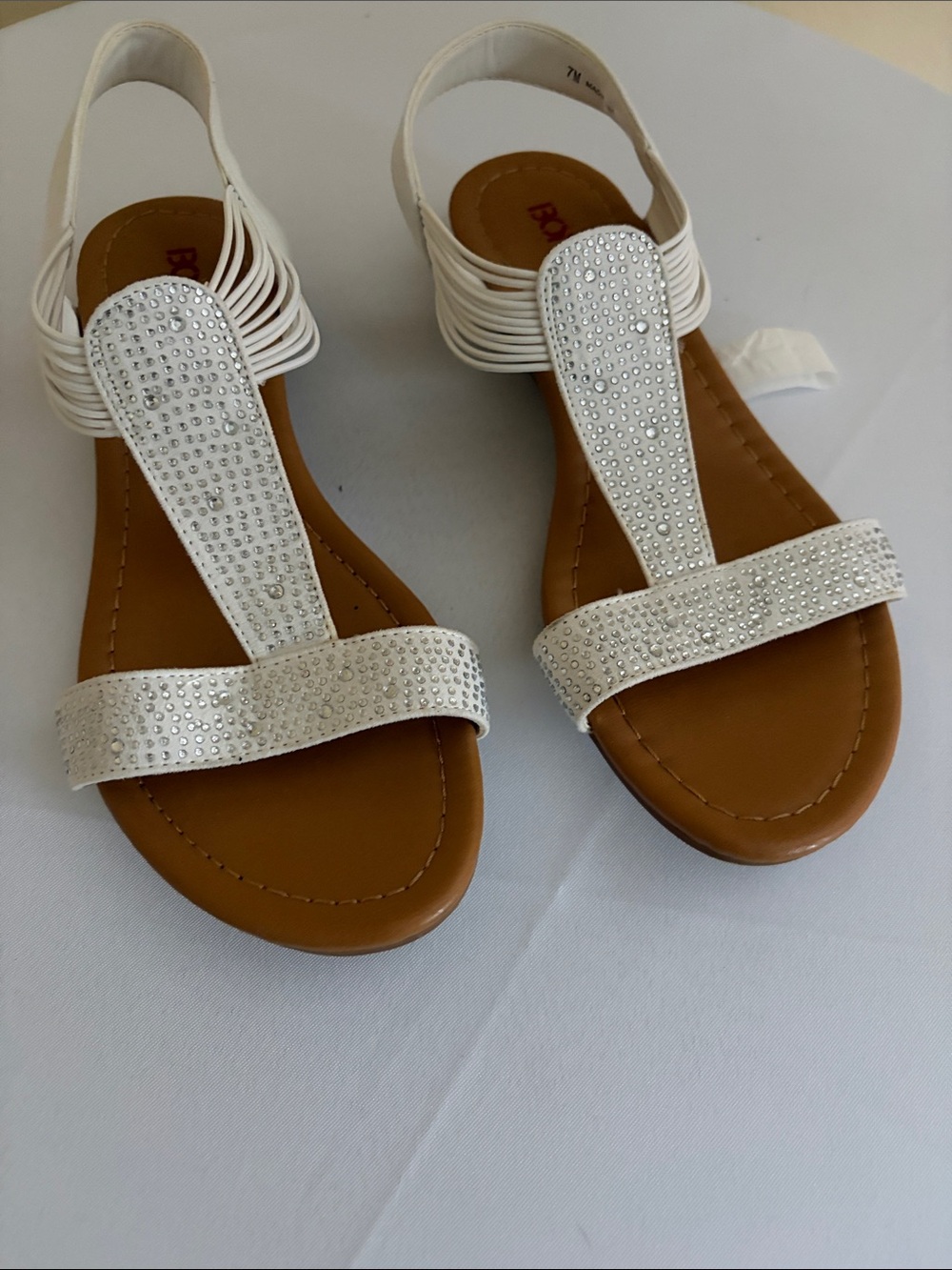BONGO White T-Strap Rhinestone Slingback Sandals‎